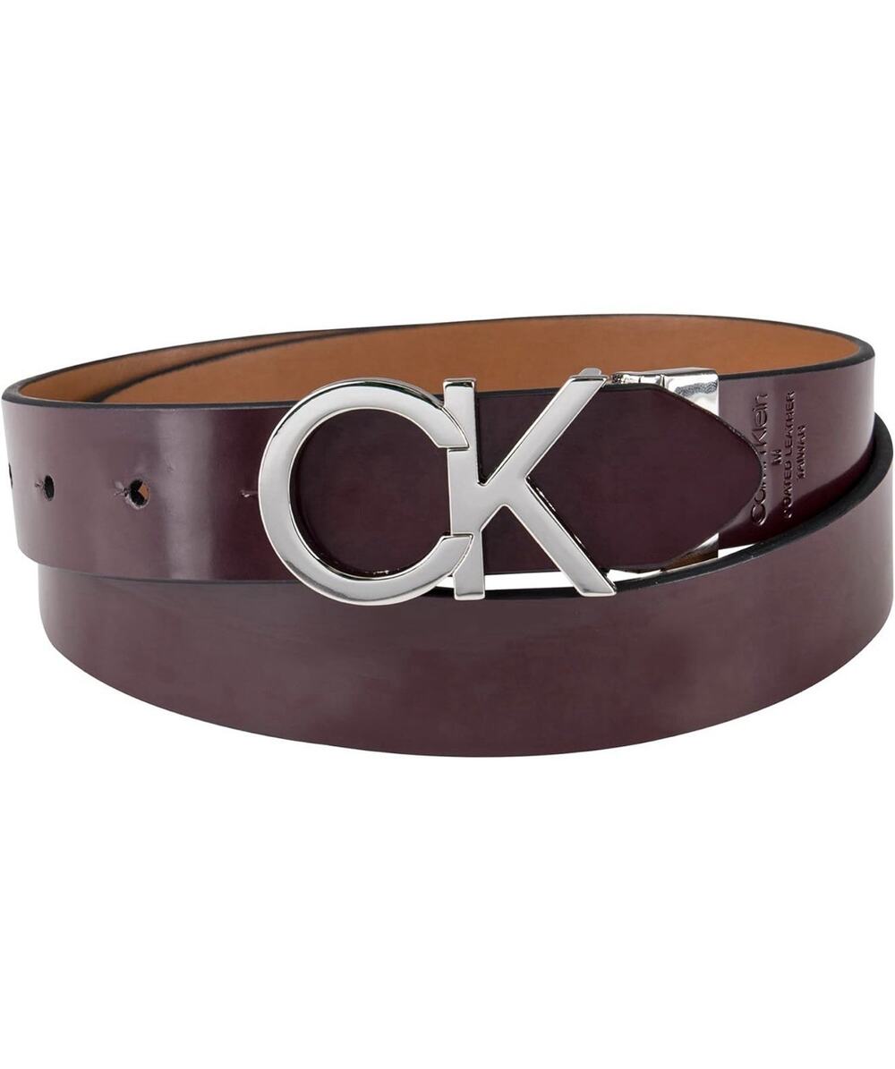Calvin Klein Belt Reversible Silver Monogram Buckle Brown Burgundy 1” Womens LG